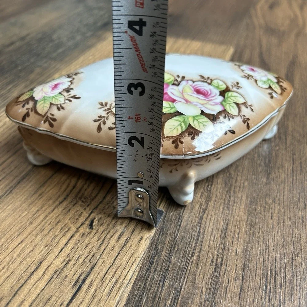 Ucagco Ceramics Japan Brown White Footed Trinket Box Pink Roses